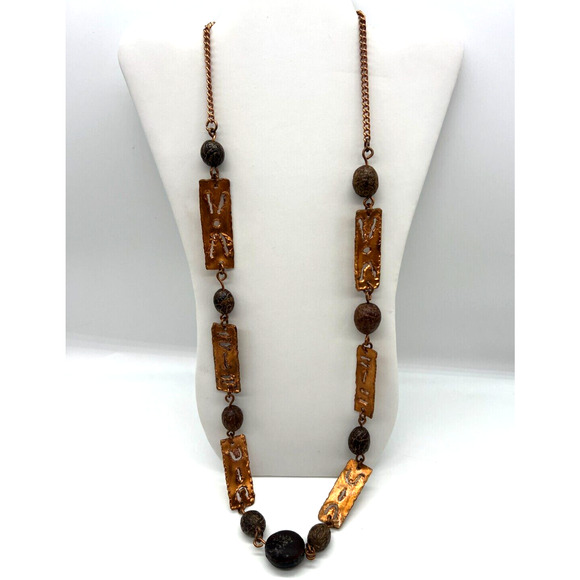 Brutalist Artisan Copper cutout pendant and Beaded chain Boho Necklace - Picture 1 of 5